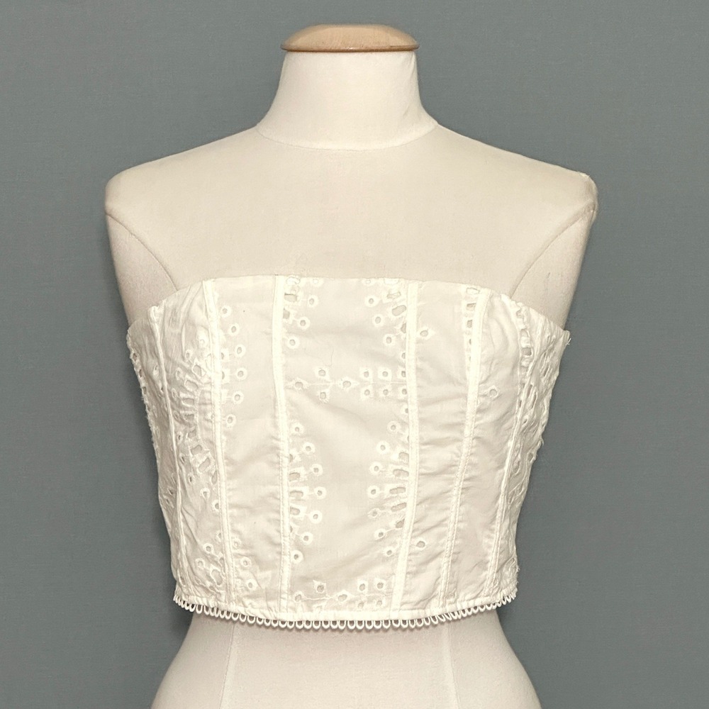 Baby Pink Womens Top M White Eyelet Embroidered Strapless Corset Crop Coquette